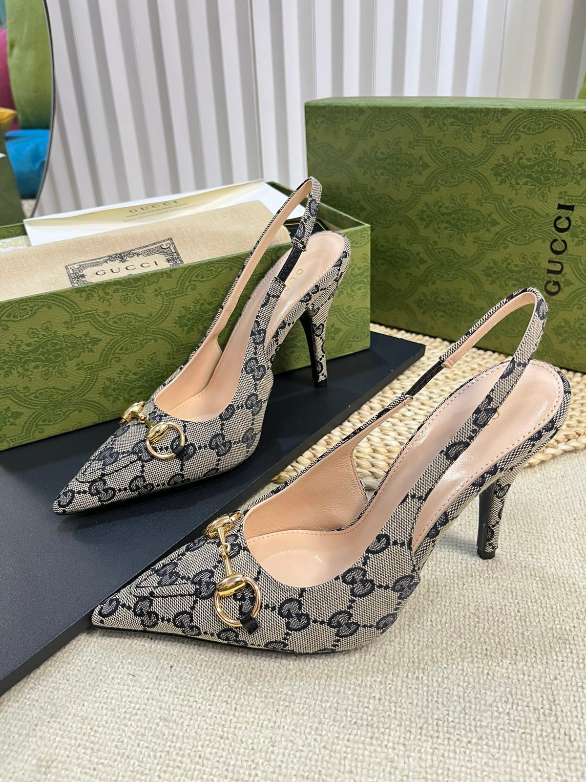 GC Horsebit Slingback Pump 100mm Canvas Sheepskin