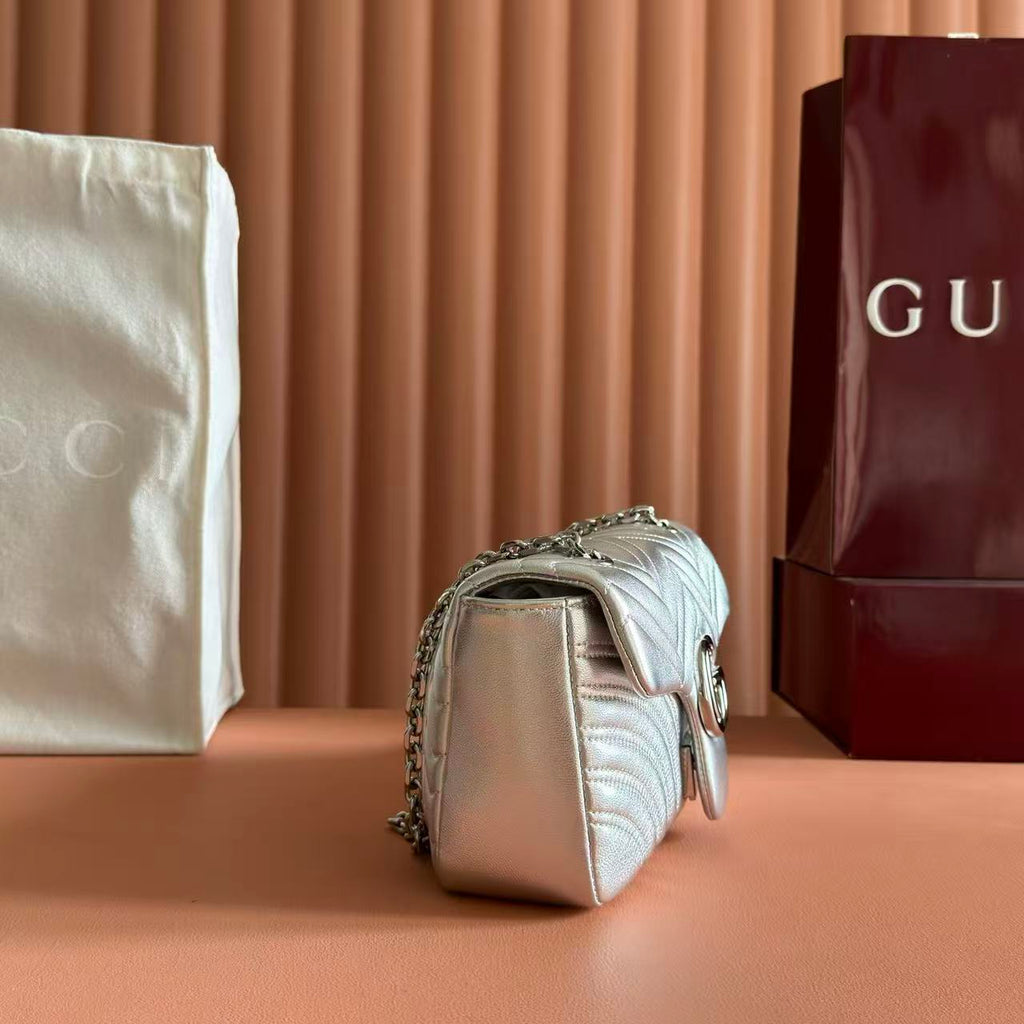 Gi Marmont Small Shoulder Bag Metallic Silver Leather