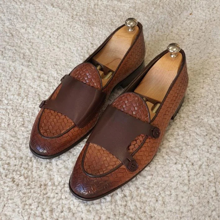 Bristol Tan Woven Leather Double Monk Strap Loafers Shoes
