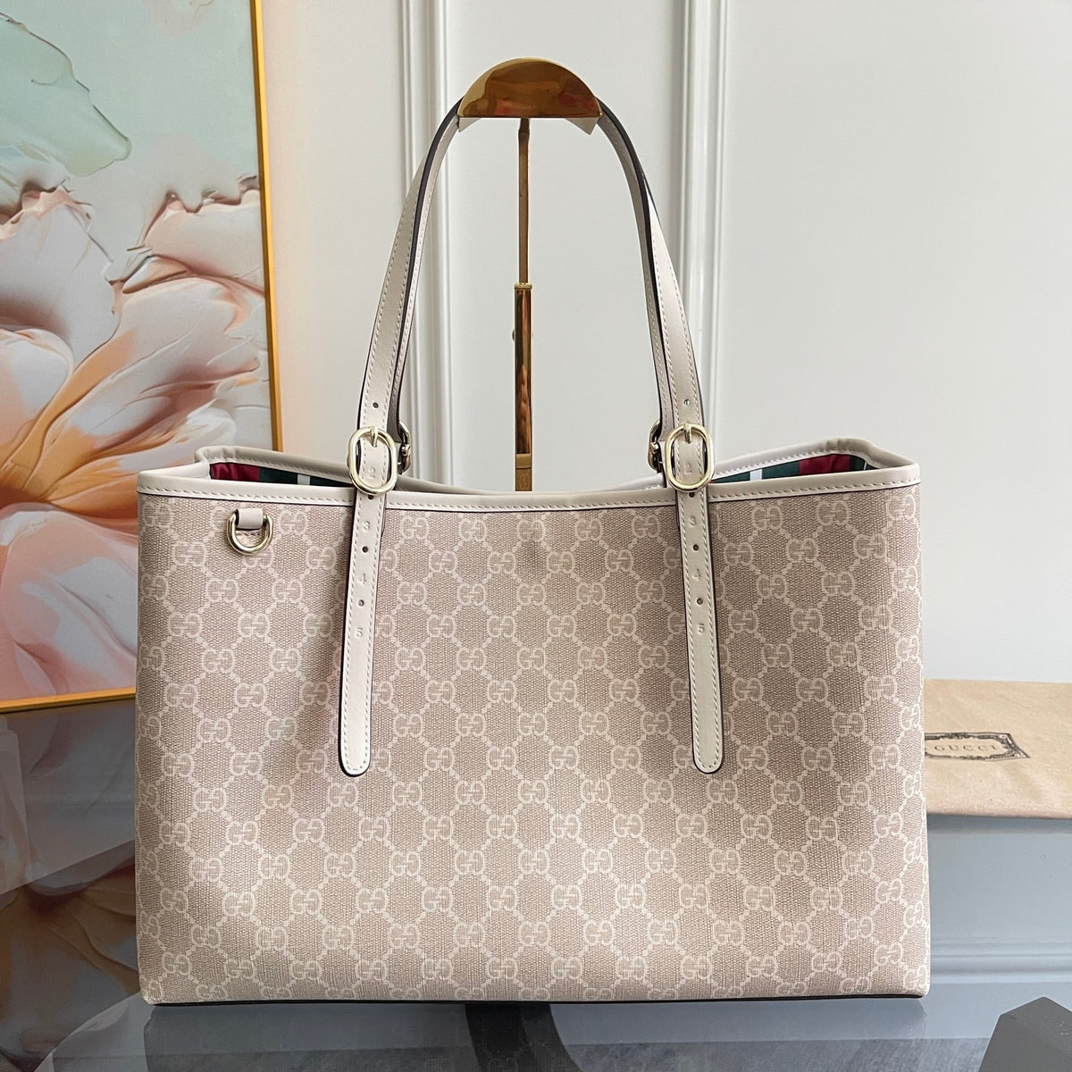 Gi Emblem Maxi Tote Bag Beige Monogram Coated Fabric