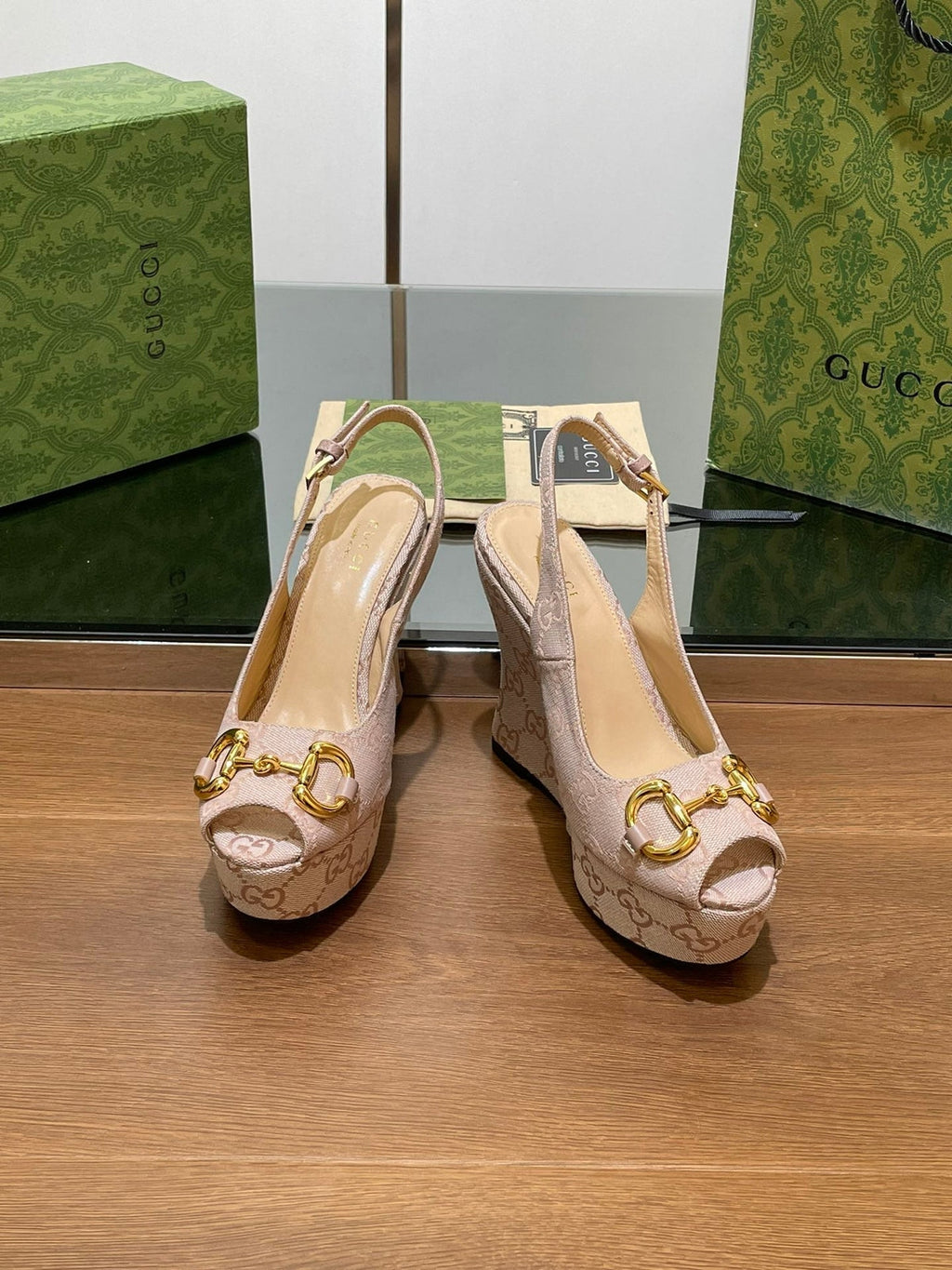 Gi WEDGE PLATFORM IN CAMEL BROWN MONOGRAM JACQUARD FABRIC