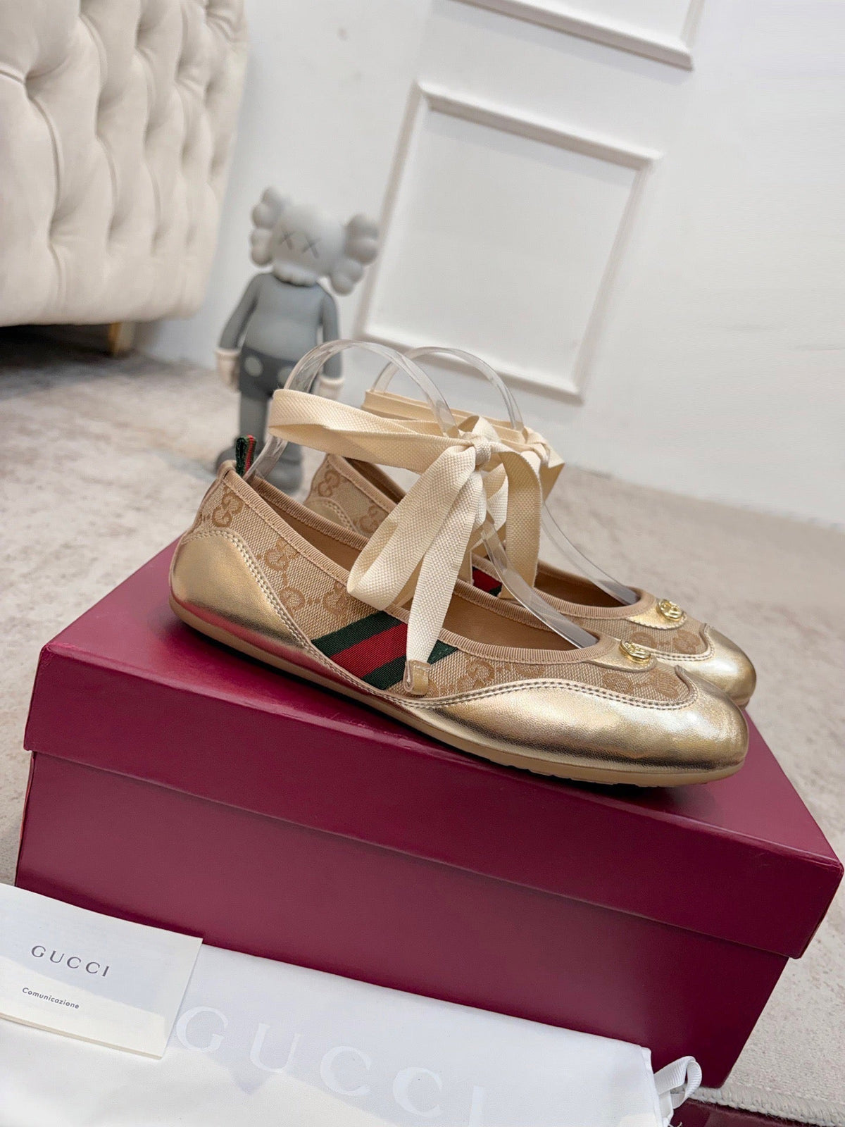Gi Shift Ballerina Flats Beige Jacquard Canvas & Gold Leather 929234