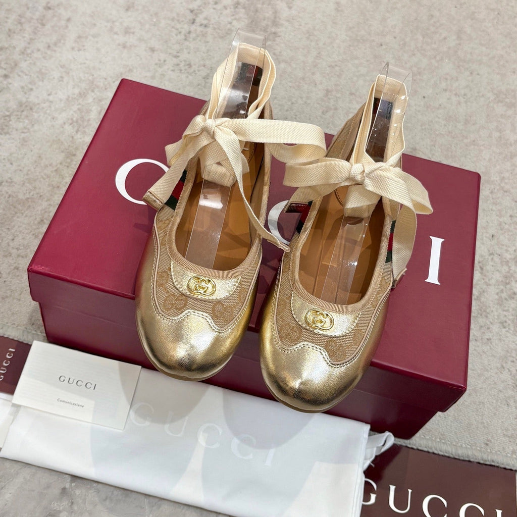 Gi Shift Ballerina Flats Beige Jacquard Canvas & Gold Leather 929234