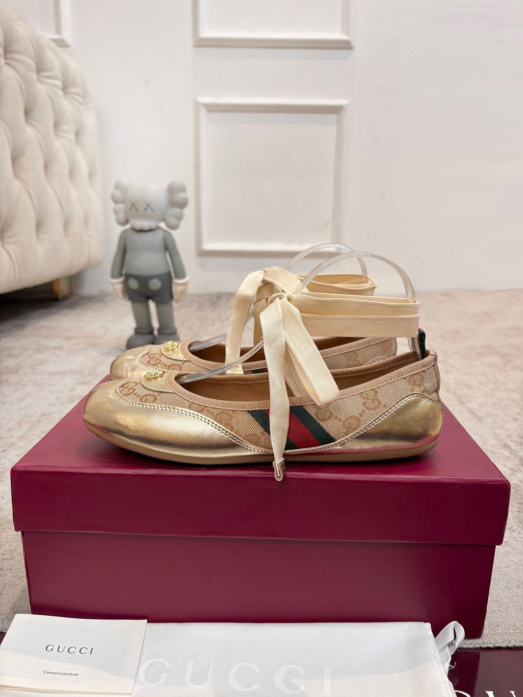 Gi Shift Ballerina Flats Beige Jacquard Canvas & Gold Leather 929234
