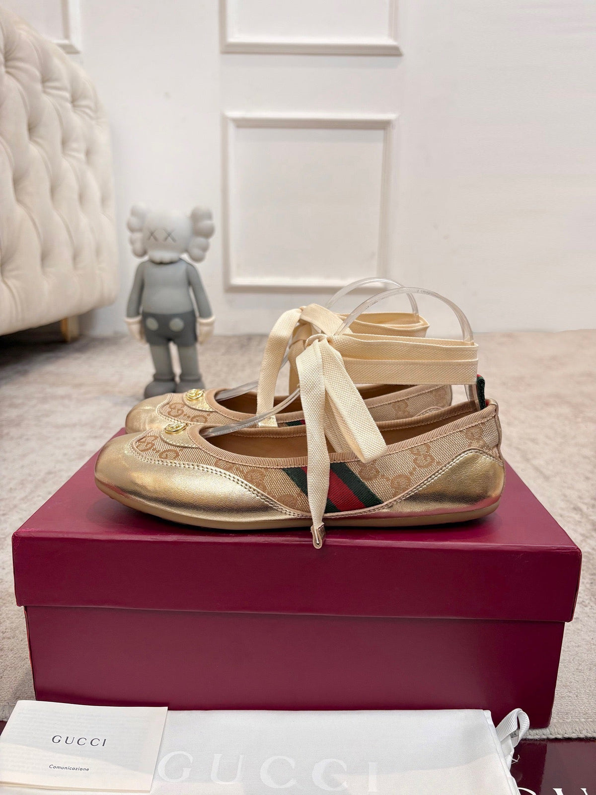 Gi Shift Ballerina Flats Beige Jacquard Canvas & Gold Leather 929234