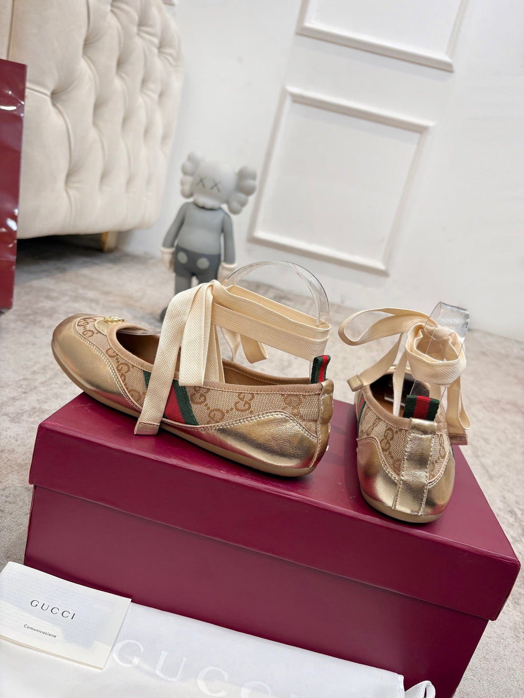Gi Shift Ballerina Flats Beige Jacquard Canvas & Gold Leather 929234