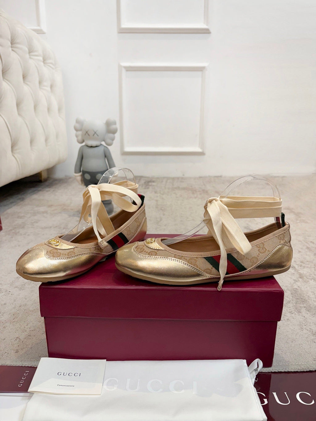Gi Shift Ballerina Flats Beige Jacquard Canvas & Gold Leather 929234