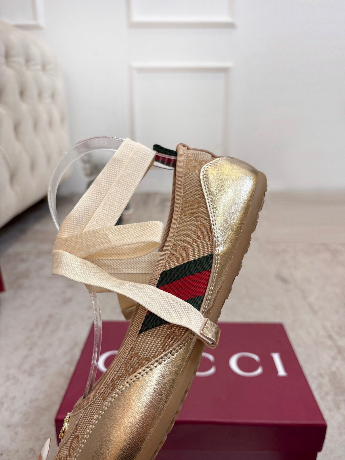 Gi Shift Ballerina Flats Beige Jacquard Canvas & Gold Leather 929234
