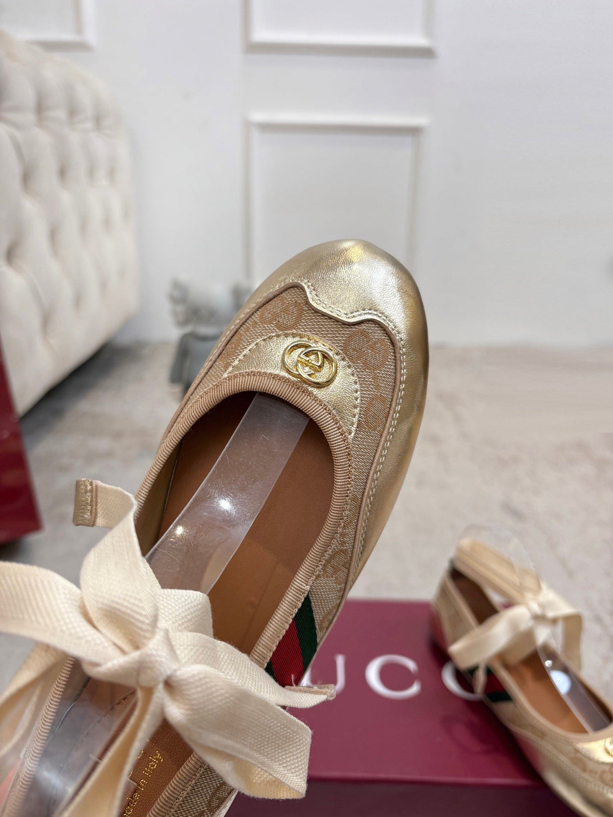 Gi Shift Ballerina Flats Beige Jacquard Canvas & Gold Leather 929234
