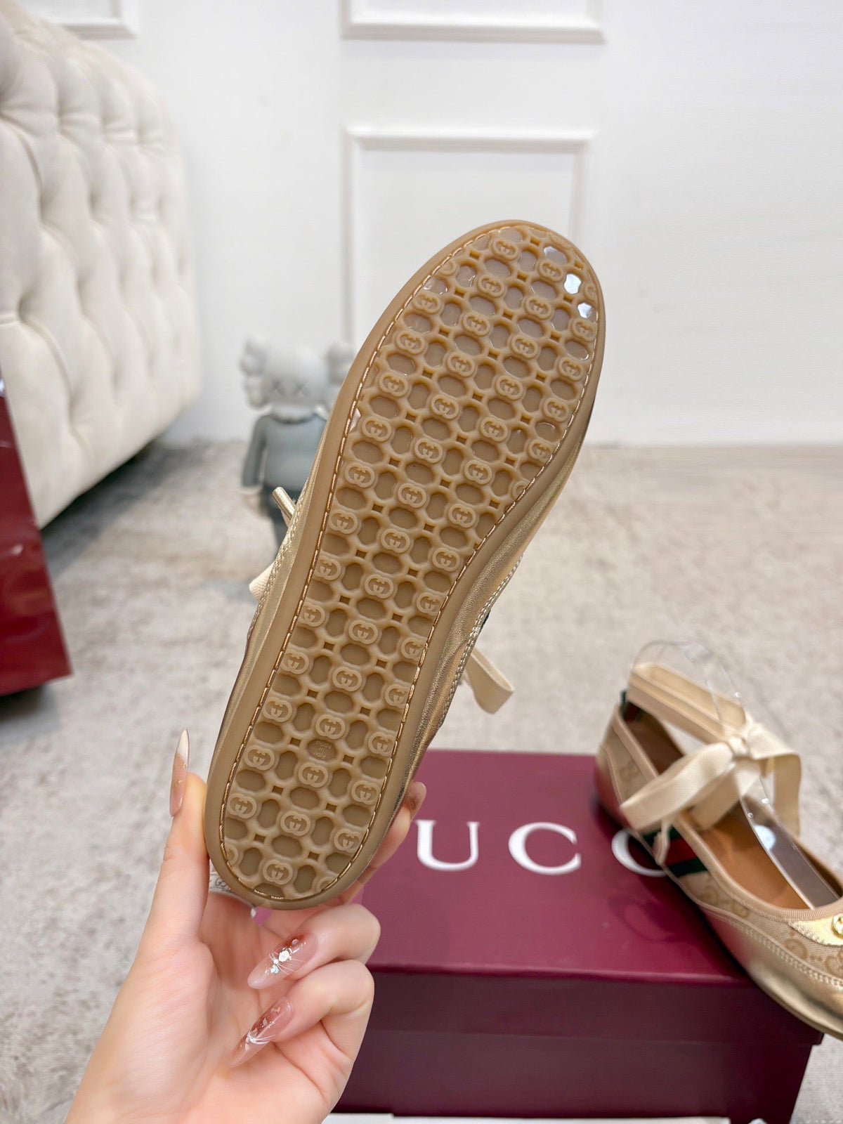 Gi Shift Ballerina Flats Beige Jacquard Canvas & Gold Leather 929234