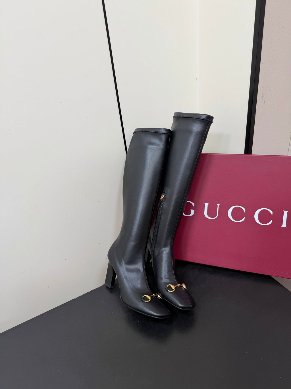 Gi Signora Horsebit Knee-High Boots 8.5CM Black Leather 984465