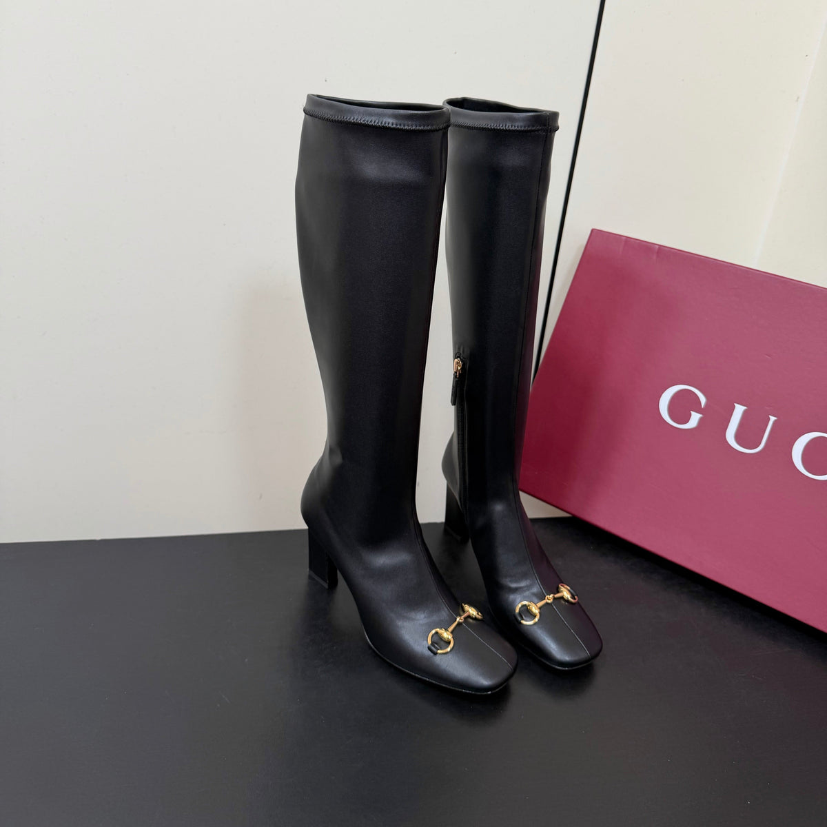 Gi Signora Horsebit Knee-High Boots 8.5CM Black Leather 984465