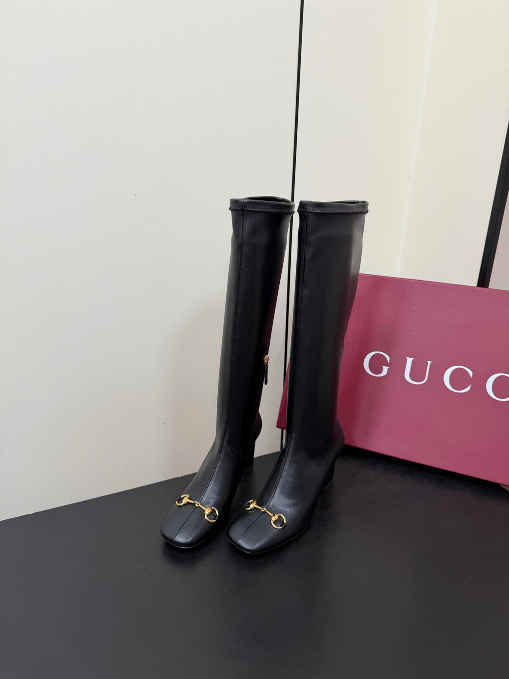 Gi Signora Horsebit Knee-High Boots 8.5CM Black Leather 984465