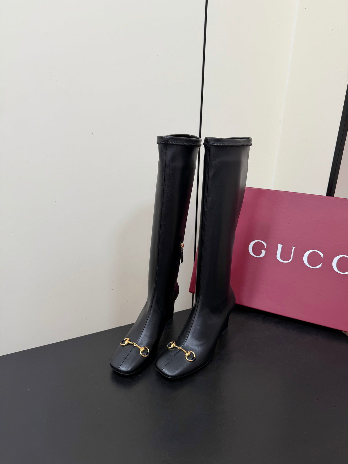 Gi Signora Horsebit Knee-High Boots 8.5CM Black Leather 984465