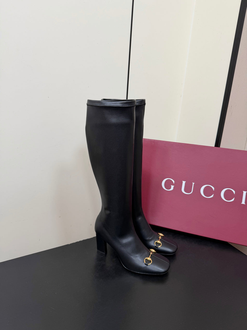 Gi Signora Horsebit Knee-High Boots 8.5CM Black Leather 984465