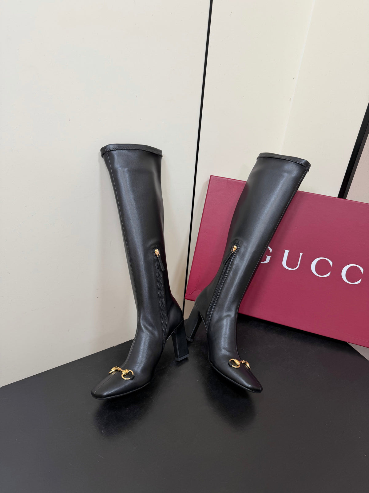 Gi Signora Horsebit Knee-High Boots 8.5CM Black Leather 984465