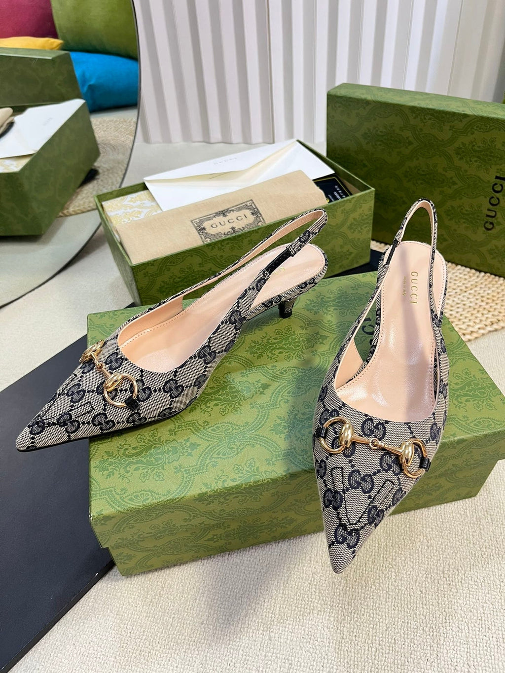 GC Horsebit Slingback Pump 50mm Canvas Sheepskin
