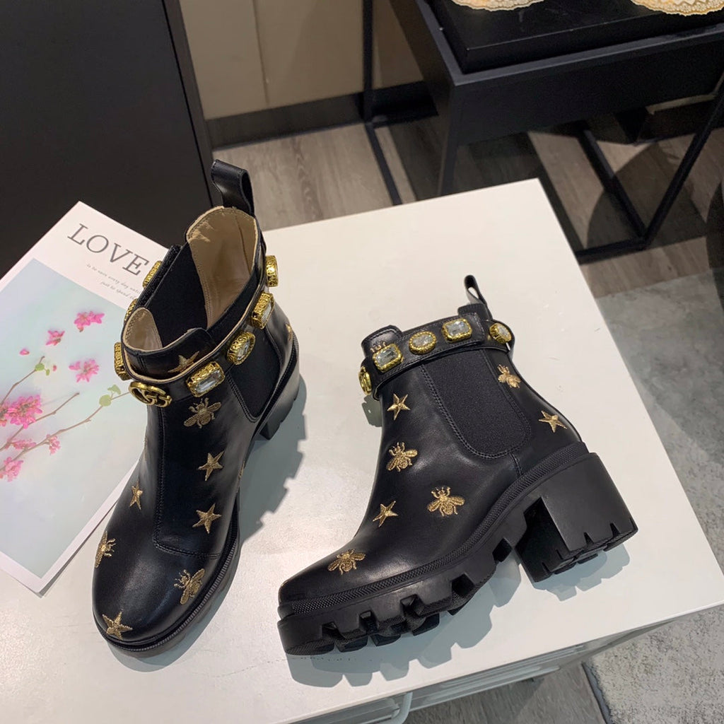 Gi ankle boots star and bee black sheepskin with belt clearance