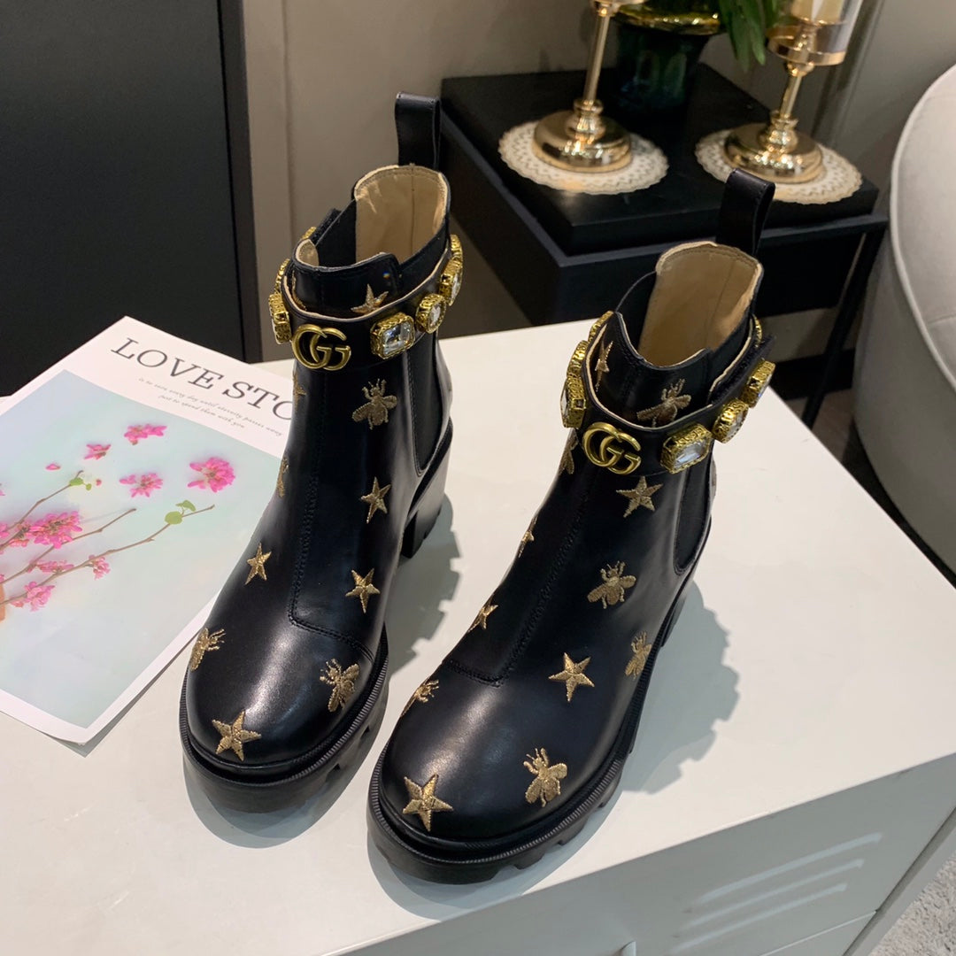 Gi ankle boots star and bee black sheepskin with belt clearance