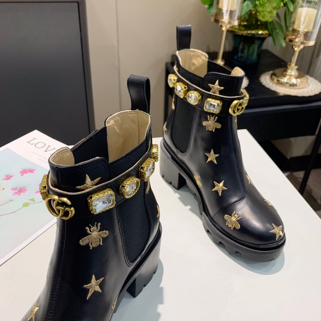 Gi ankle boots star and bee black sheepskin with belt clearance