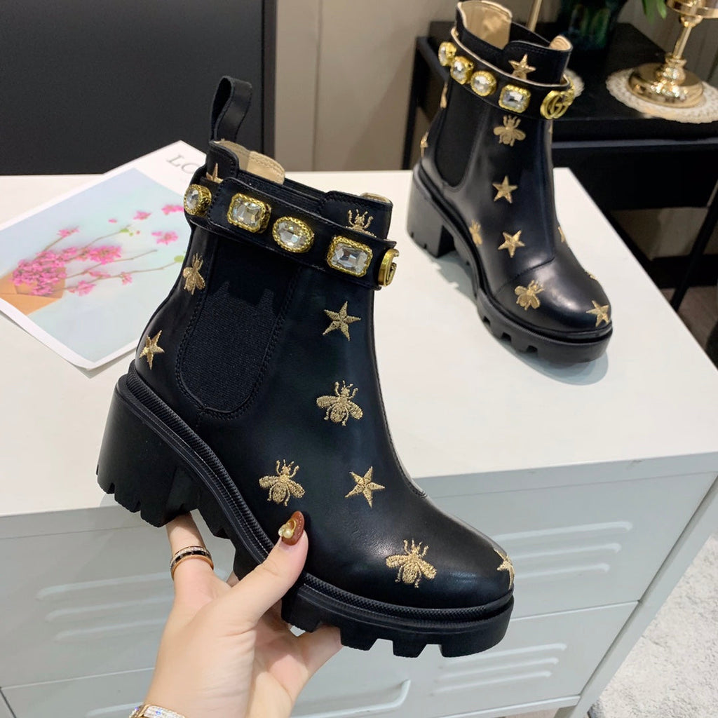 Gi ankle boots star and bee black sheepskin with belt clearance