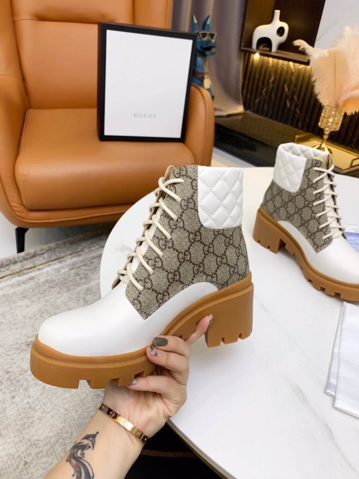 Gi ankle boots white brown monogram canvas leather