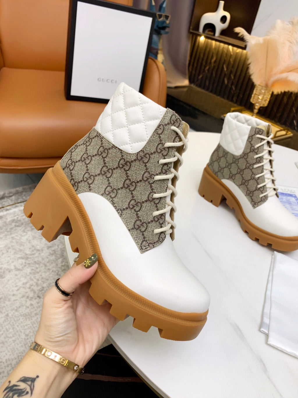 Gi ankle boots white brown monogram canvas leather