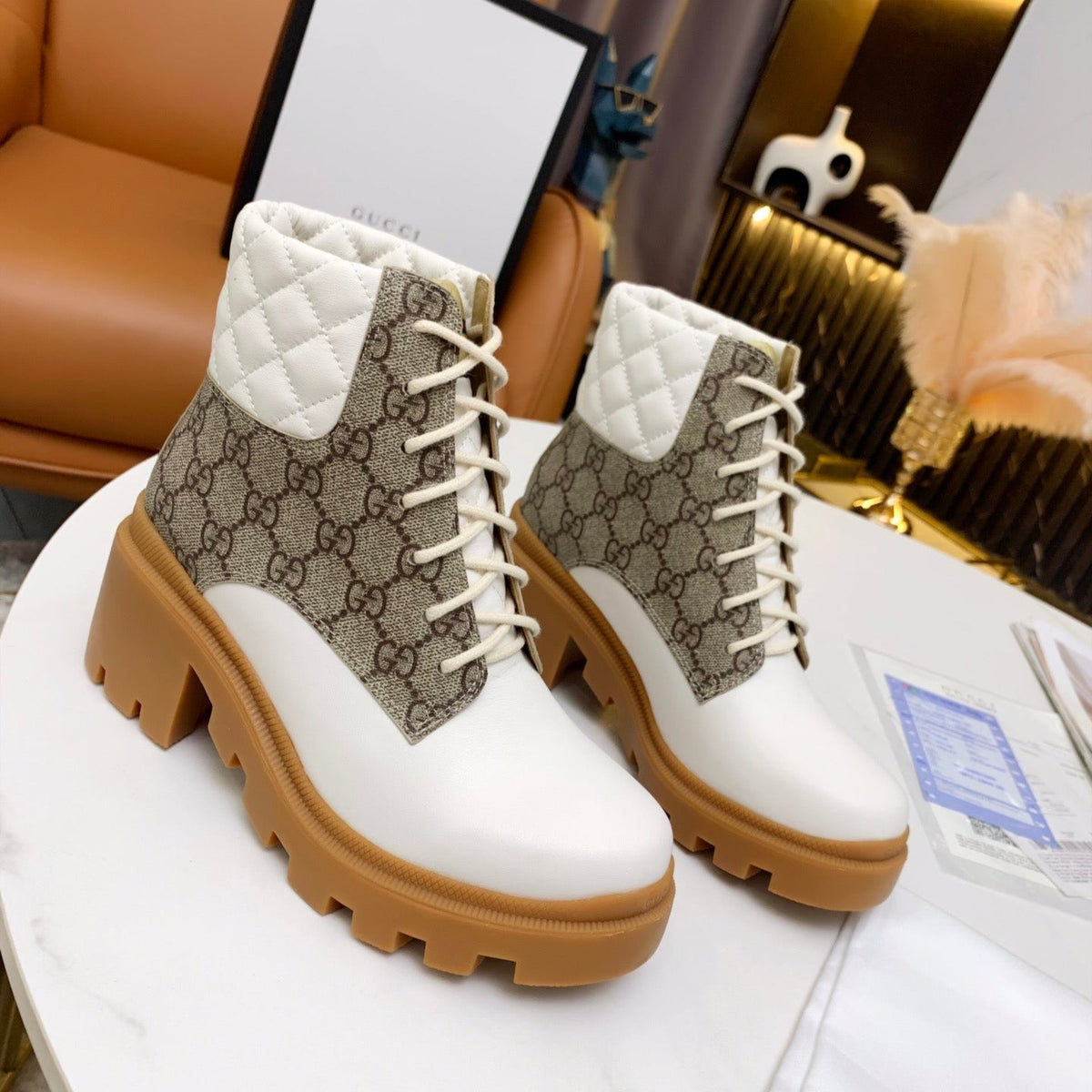 Gi ankle boots white brown monogram canvas leather