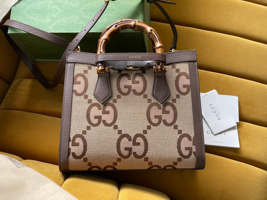 Gi DIANA 27 MINI TOTE BAG IN BEIGE CANVAS AND BROWN CALFSKIN