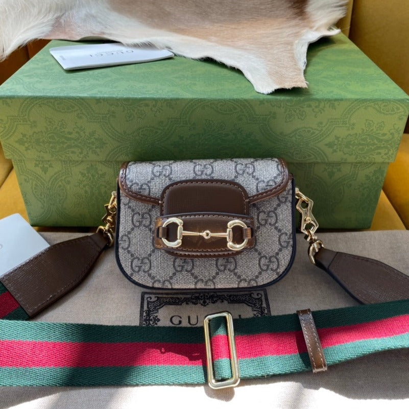 Gi 12 HORSEBIT 1955 SUPER MINI BAG BEIGE CANVAS AND EBONY CALFSKIN