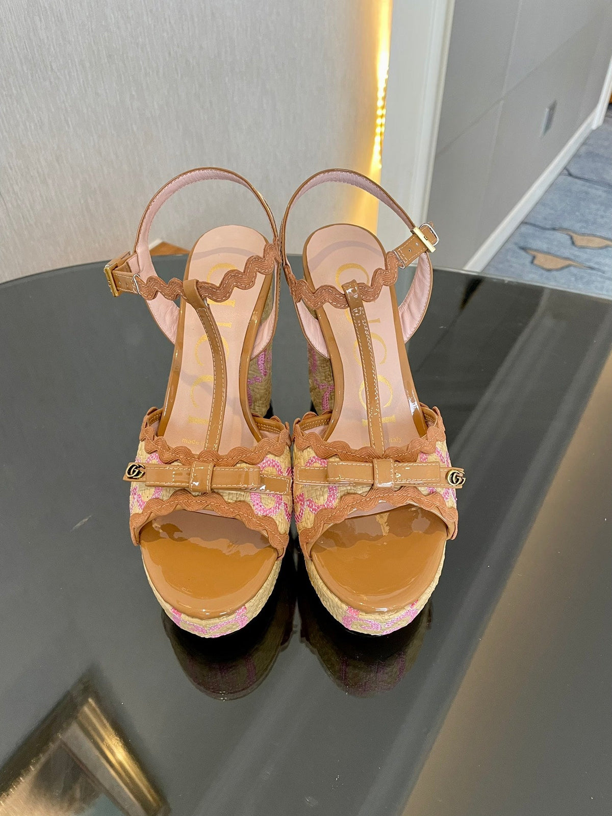 Gi Kertu Platform Sandals 12cm Beige Raffia Leather 695693