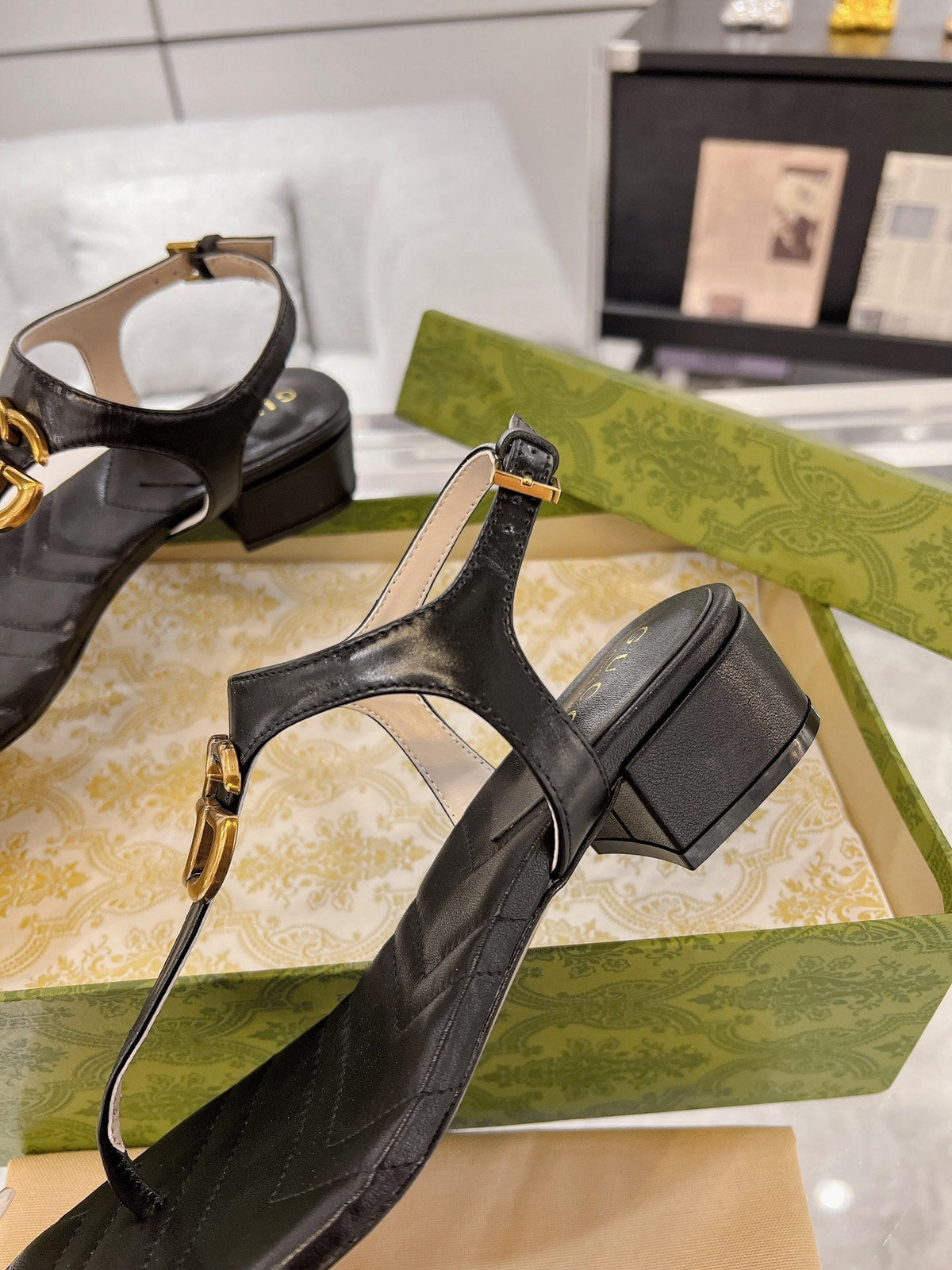 GC Double G Block Heel Thong Sandals Leather