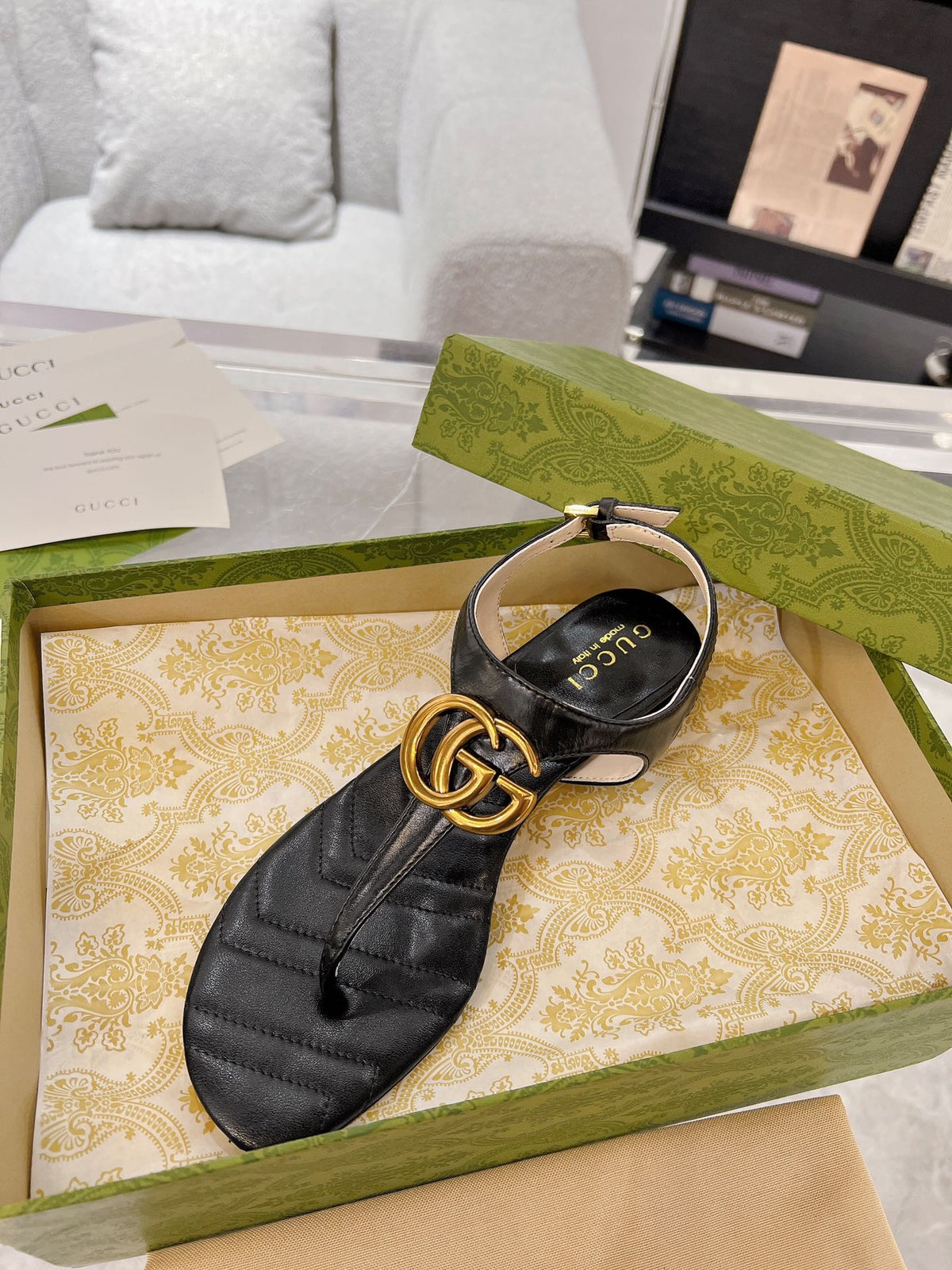 GC Double G Block Heel Thong Sandals Leather