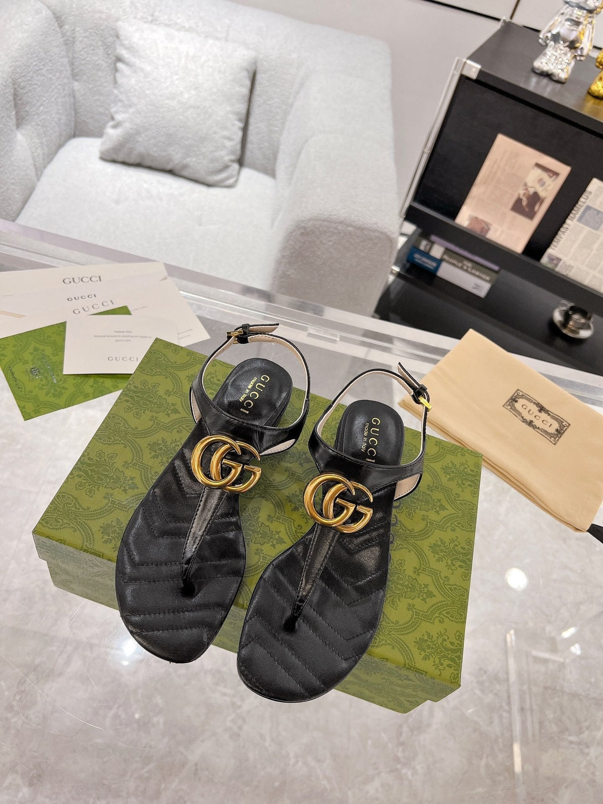 GC Double G Block Heel Thong Sandals Leather