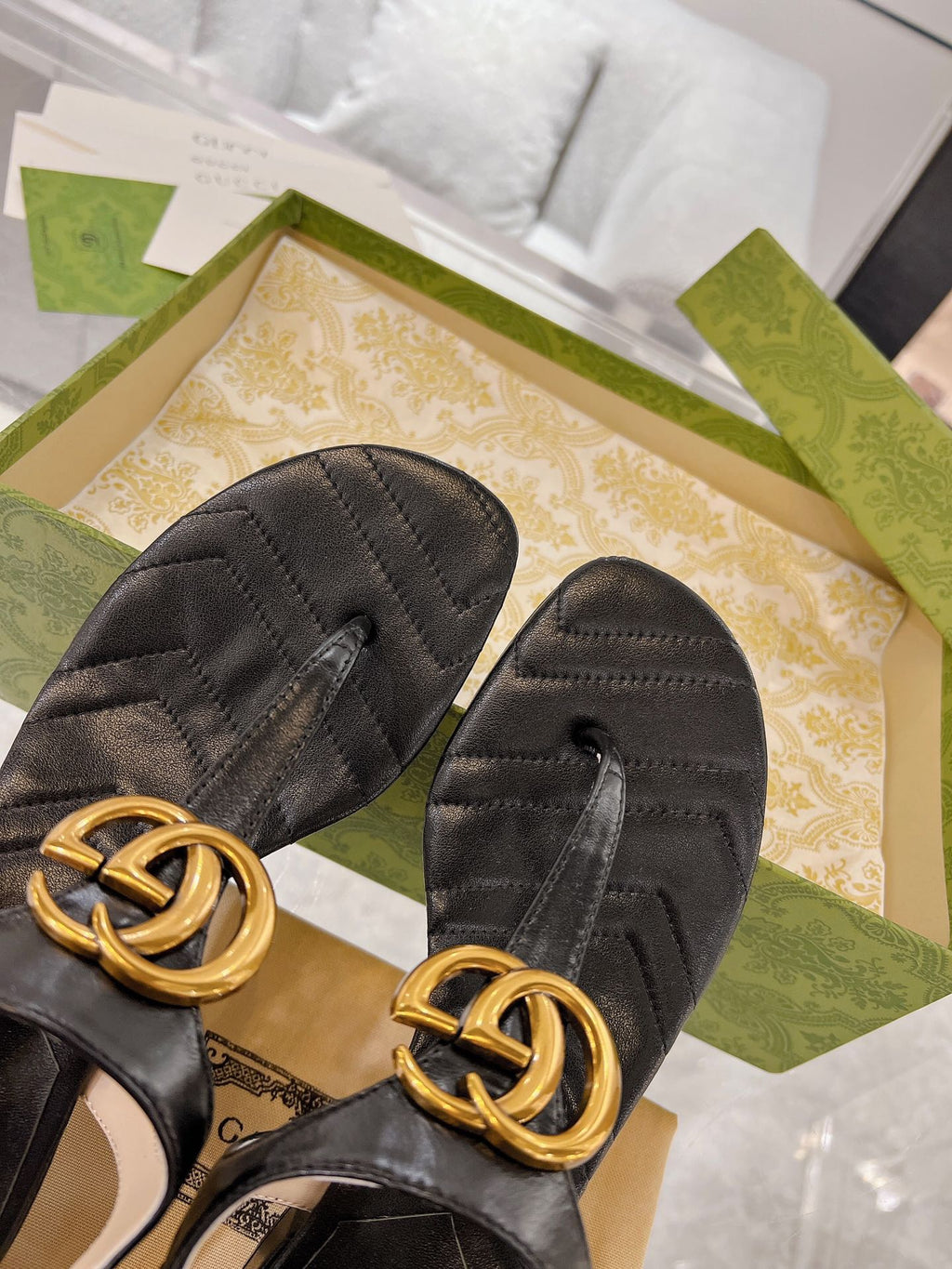 GC Double G Block Heel Thong Sandals Leather