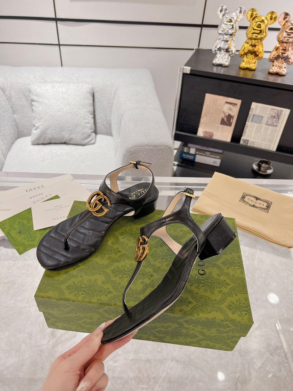 GC Double G Block Heel Thong Sandals Leather