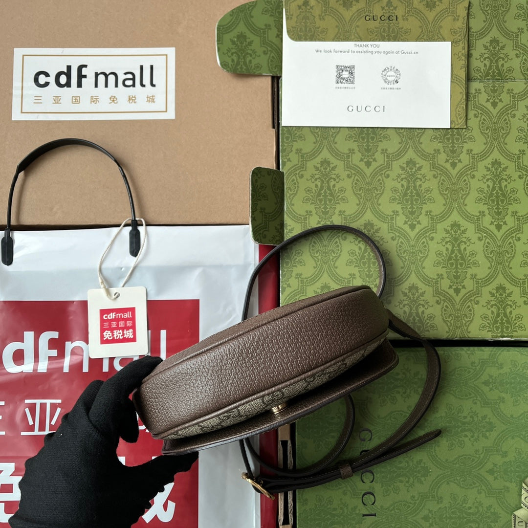 OPHIDIA MINI SHOULDER BAG 20 WITH WEB IN BEIGE EBONY CANVAS MIX BROWN CALFSKIN