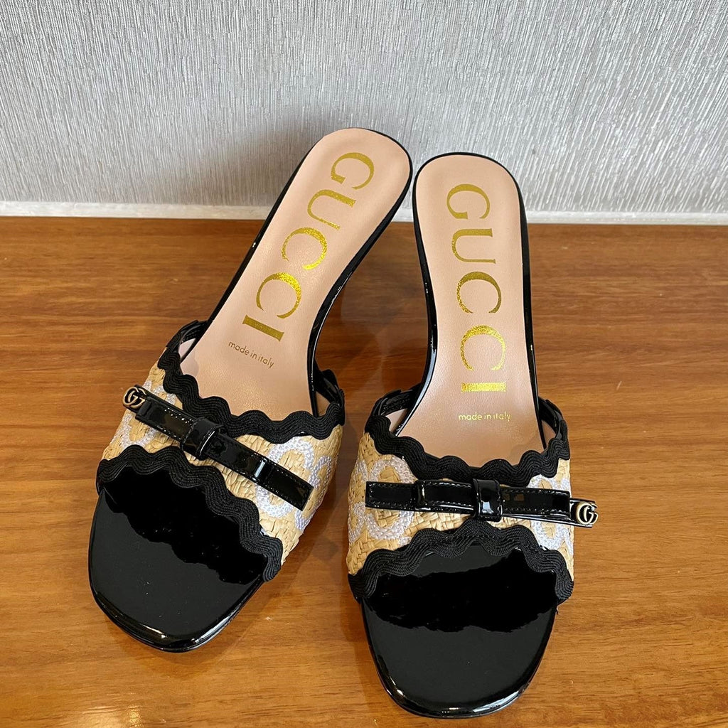 Gi Kertu Sandals 6cm Beige Black Raffia Leather 695691