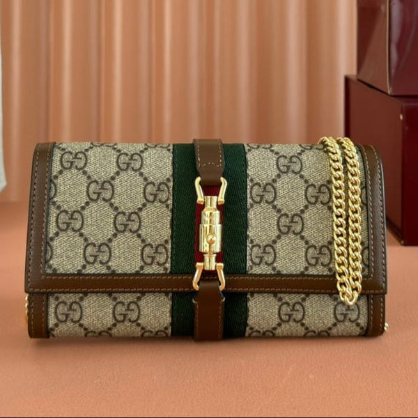 Gi Jackie Chain Wallet Ebony Brown Canvas Leather 255174