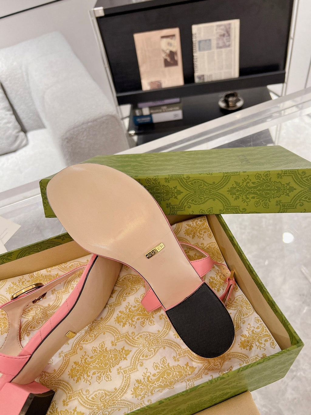 GC Double G Block Heel Thong Sandals Leather