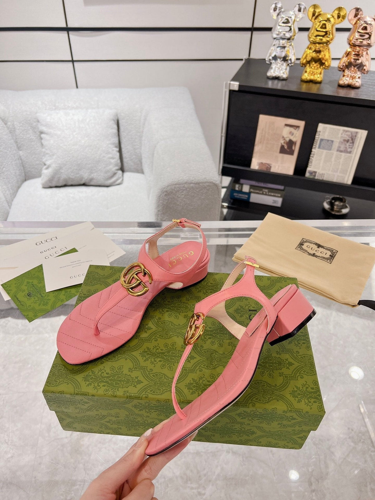 GC Double G Block Heel Thong Sandals Leather