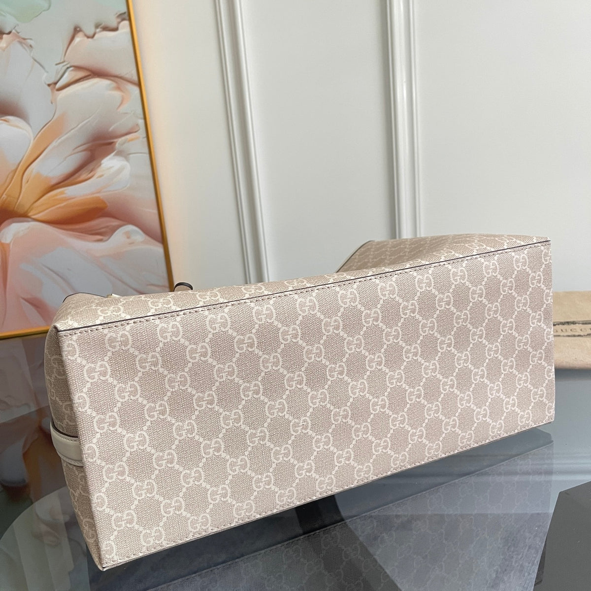 Gi Emblem Maxi Tote Bag Beige Monogram Coated Fabric