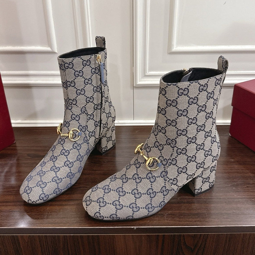 Gi Horsebit Chunky Heel Ankle Boots With Cowhide Fabric