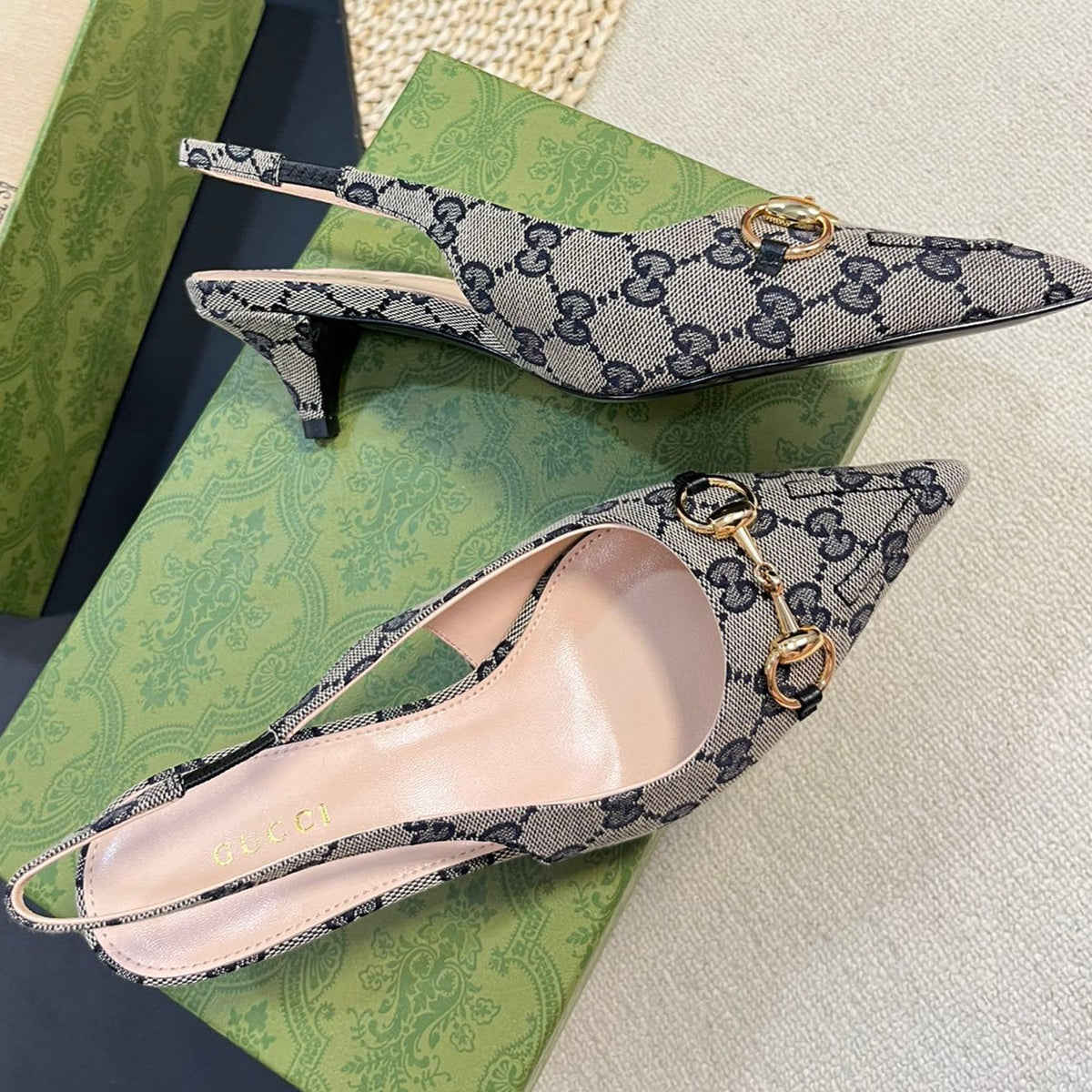 GC Horsebit Slingback Pump 50mm Canvas Sheepskin