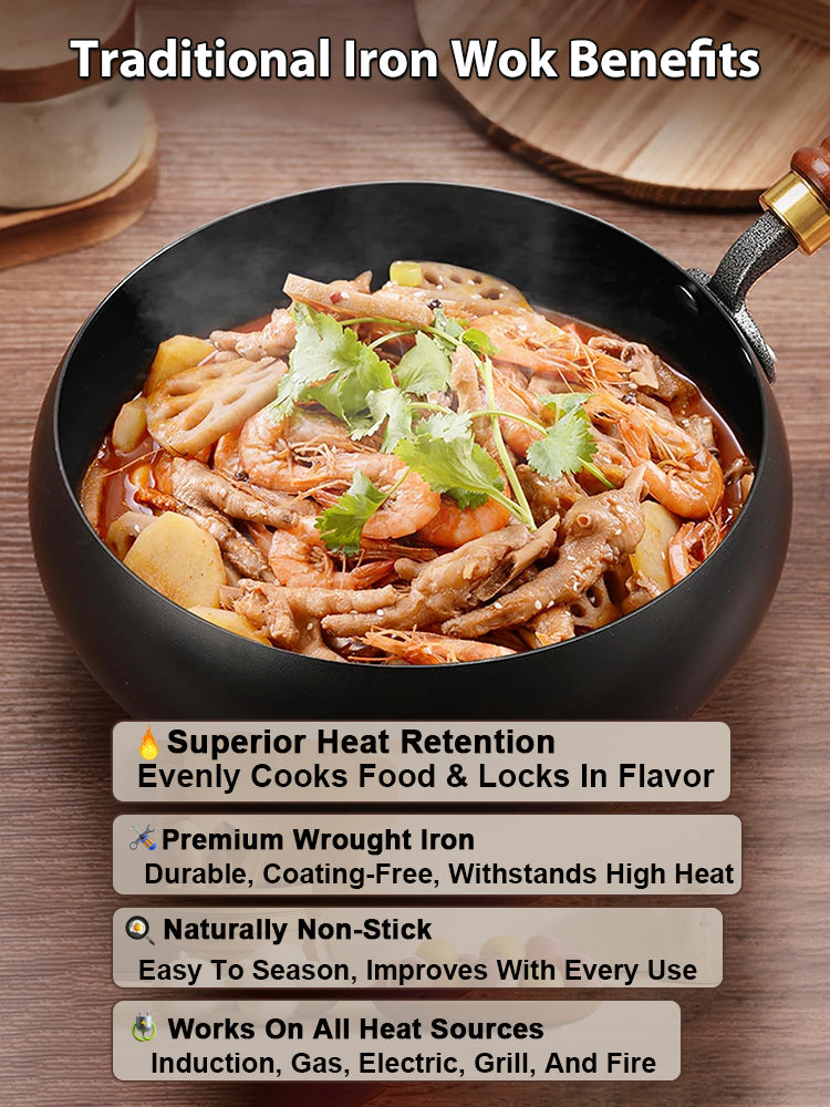 【Japanese Handcrafted 🛡️ with lid】Heirloom Quality Iron Wok 🇯🇵 | 100% PFOS Free Zero Coating | Lifetime Durable 🍳🪶