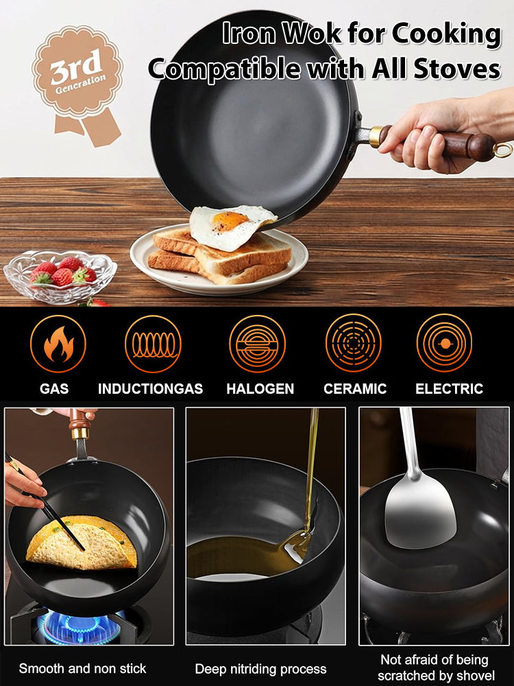 【Japanese Handcrafted 🛡️ with lid】Heirloom Quality Iron Wok 🇯🇵 | 100% PFOS Free Zero Coating | Lifetime Durable 🍳🪶