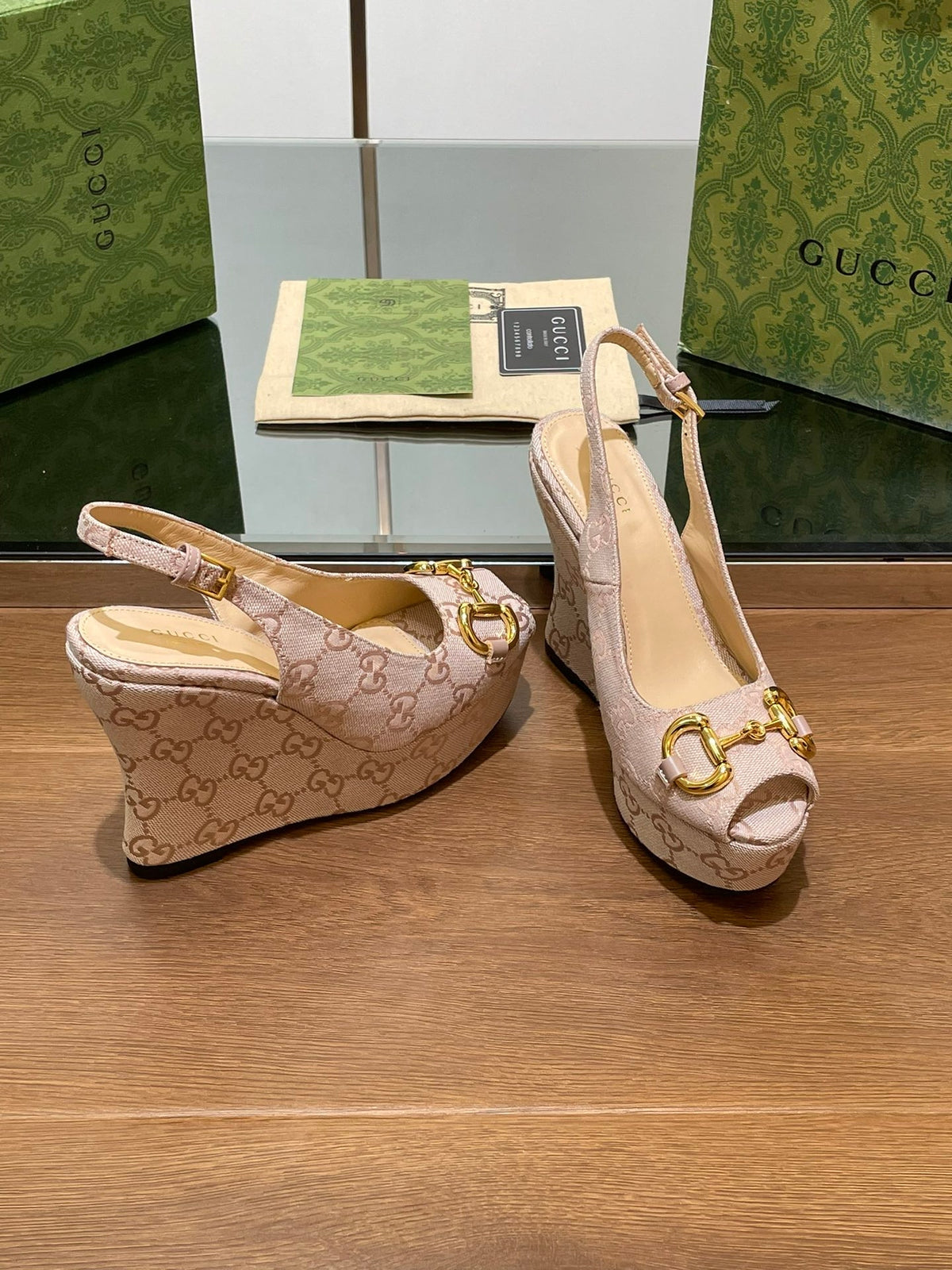 Gi WEDGE PLATFORM IN CAMEL BROWN MONOGRAM JACQUARD FABRIC