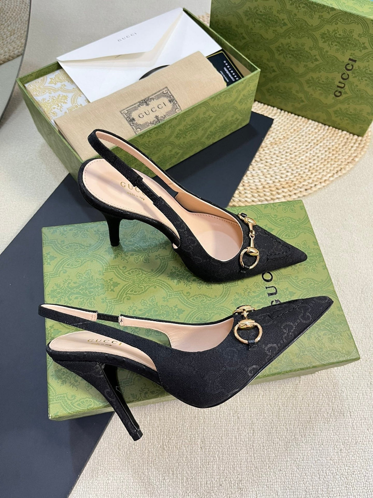 GC Horsebit Slingback Pump 100mm Canvas Sheepskin