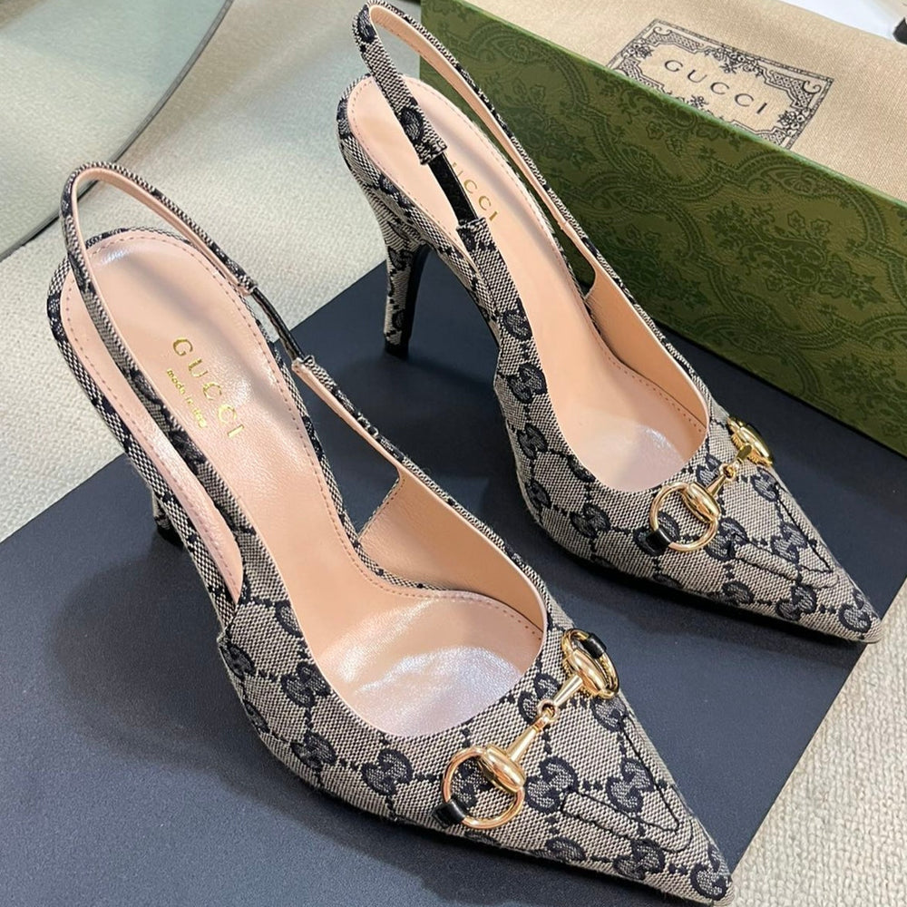 GC Horsebit Slingback Pump 100mm Canvas Sheepskin