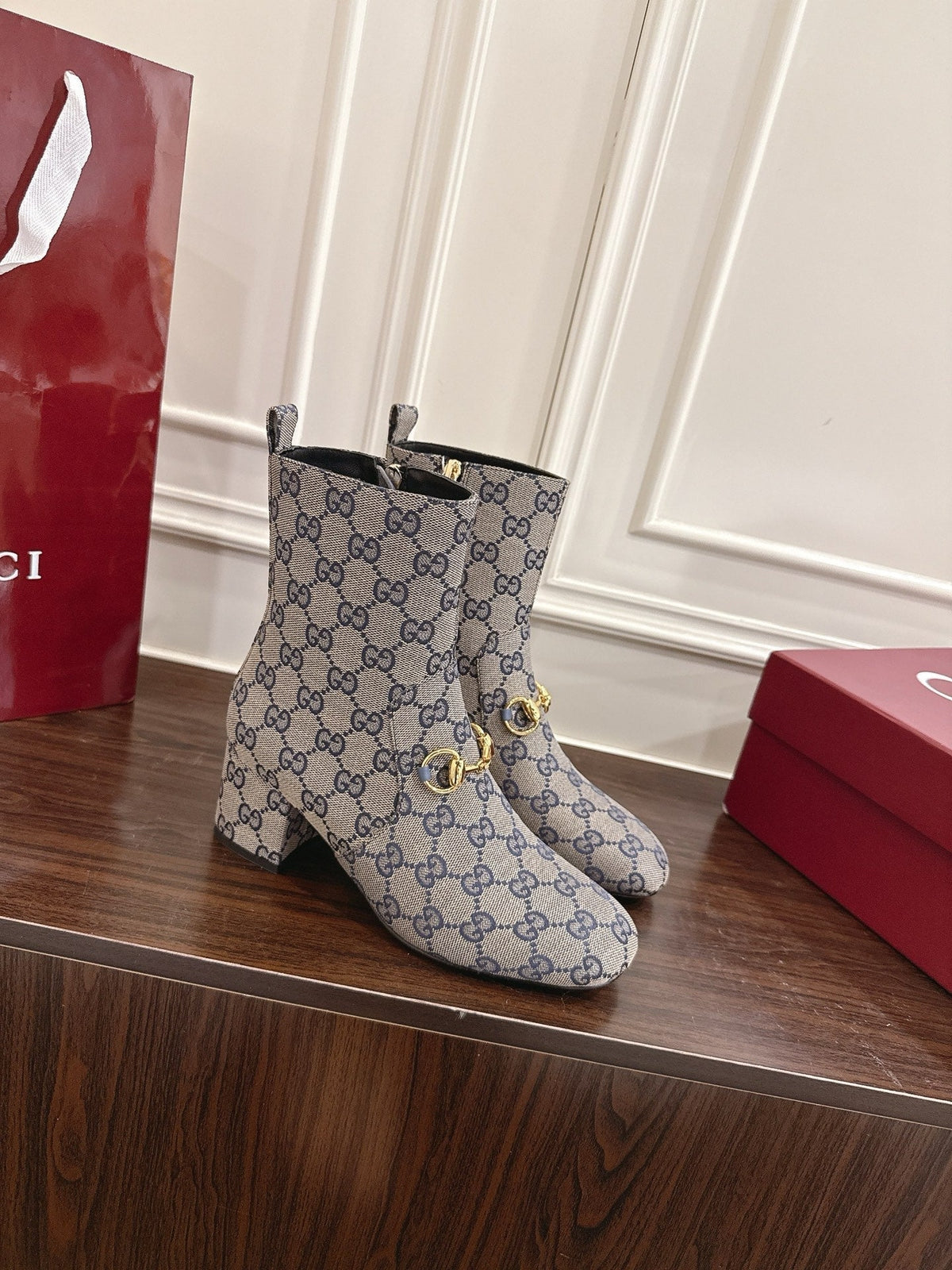 Gi Horsebit Chunky Heel Ankle Boots With Cowhide Fabric